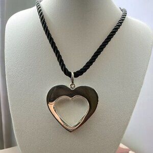 Sterling Silver .925 Heart Pendant Artisan Crafted Open Heart 24" Black Rope‎